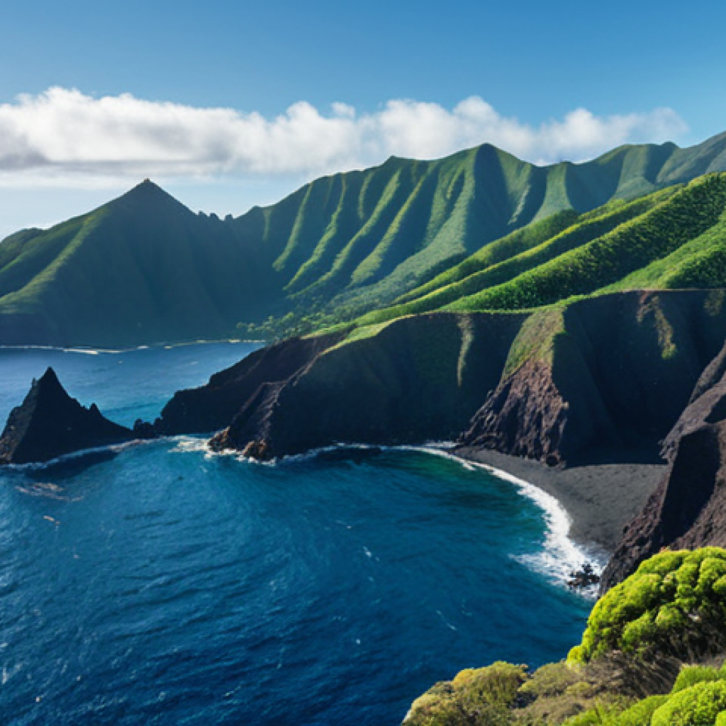 **Lush green mountains and volcanic rock formations meet the deep blue sea in St. Helena, creating a breathtaking panoramic view. A sense of peaceful isolation is evident.**