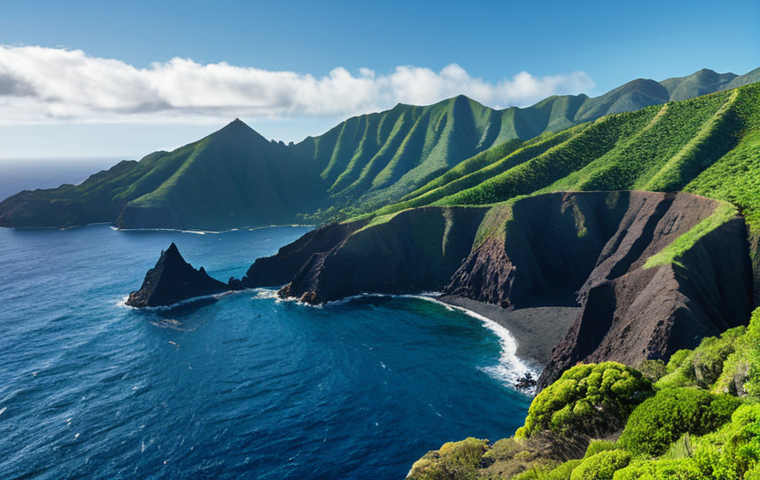 **Lush green mountains and volcanic rock formations meet the deep blue sea in St. Helena, creating a breathtaking panoramic view. A sense of peaceful isolation is evident.**