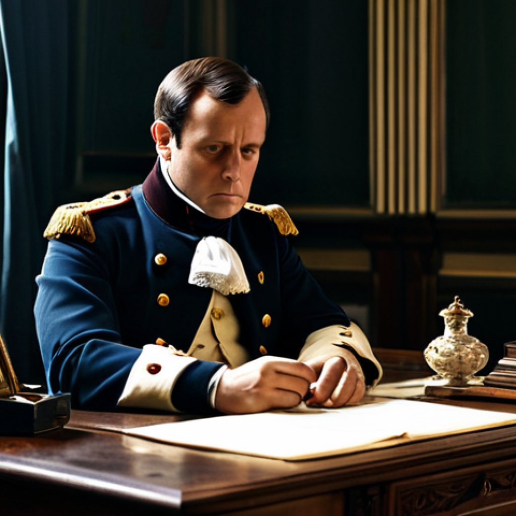 A professional historical portrait of Napoleon Bonaparte in modest, dark, historical military attire, seated thoughtfully at a wooden desk in a dimly lit room inside Longwood House, St. Helena. Papers and an inkwell are neatly arranged on the desk. The atmosphere is quiet and contemplative, with natural light filtering softly through a window. The subject is fully clothed, appropriate attire, safe for work, perfect anatomy, correct proportions, natural pose, well-formed hands, proper finger count, natural body proportions, professional photography, high quality, modest, family-friendly.