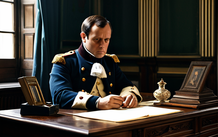 A professional historical portrait of Napoleon Bonaparte in modest, dark, historical military attire, seated thoughtfully at a wooden desk in a dimly lit room inside Longwood House, St. Helena. Papers and an inkwell are neatly arranged on the desk. The atmosphere is quiet and contemplative, with natural light filtering softly through a window. The subject is fully clothed, appropriate attire, safe for work, perfect anatomy, correct proportions, natural pose, well-formed hands, proper finger count, natural body proportions, professional photography, high quality, modest, family-friendly.