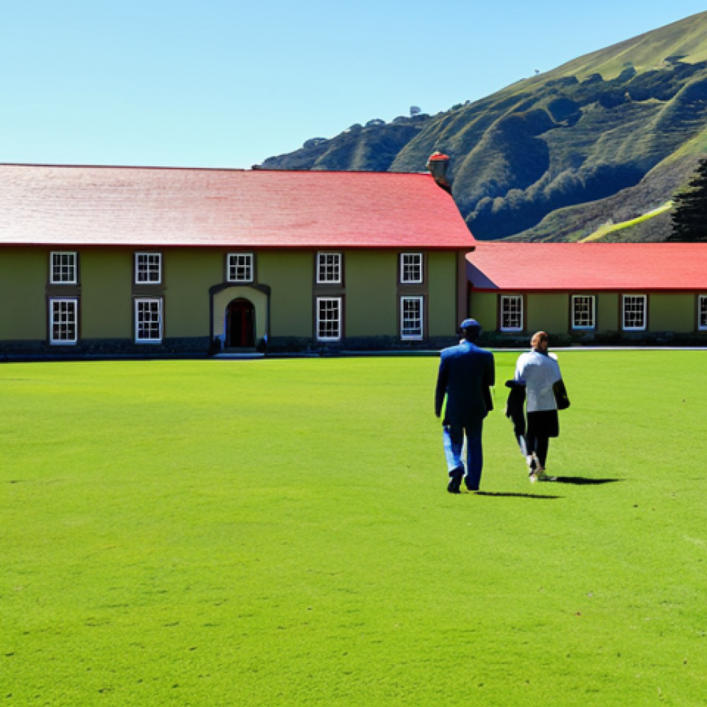 **
"Longwood House, Saint Helena, daytime. A historic stone building with a red roof, surrounded by green grass and trees. Rolling hills in the background. Fully clothed tourists are walking on the grounds. Safe for work, appropriate content, professional photography, perfect anatomy, natural proportions, modest setting, family-friendly."
**