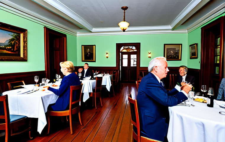 세인트헬레나 레스토랑 리스트 - "Interior of the Governor's Restaurant in Saint Helena, fully clothed patrons enjoying a meal, elega...