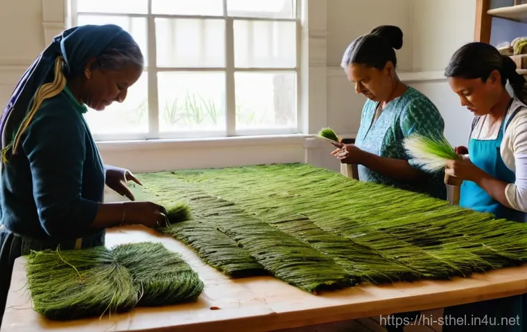 세인트헬레나 수공예 기념품 - **Prompt 1: St. Helena Flax Fibre Artisans at Work**
"A vibrant, well-lit workshop on the island...