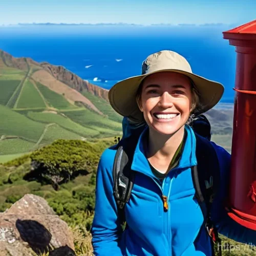 Home 1 세인트헬레나 트레킹 코스 - **Prompt 1: The Post Box Conqueror**
"A young adult female hiker, in her late 20s, stands triump...