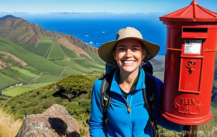 세인트헬레나 트레킹 코스 - **Prompt 1: The Post Box Conqueror**
"A young adult female hiker, in her late 20s, stands triump...